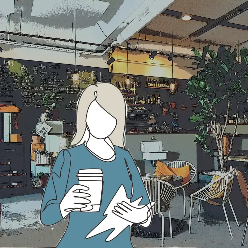 Coffee shop background with illustrated female customer in foreground - Women in the Law UK