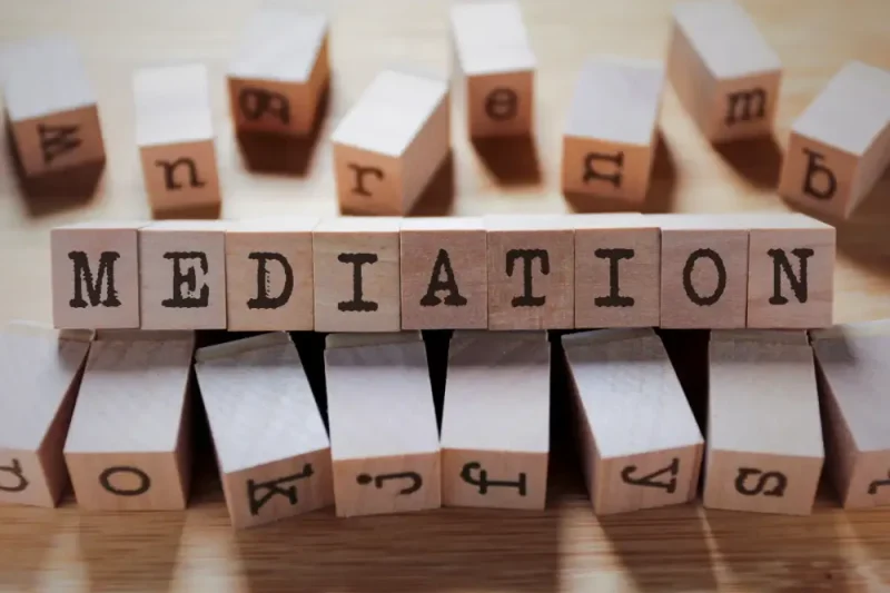 the legal director mediation for business dispute - wooden blocks spelling word mediation